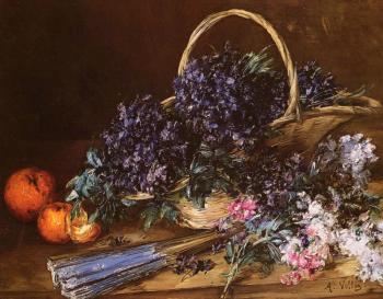 Antoine Vollon : A Still Life with a Basket of Flowers